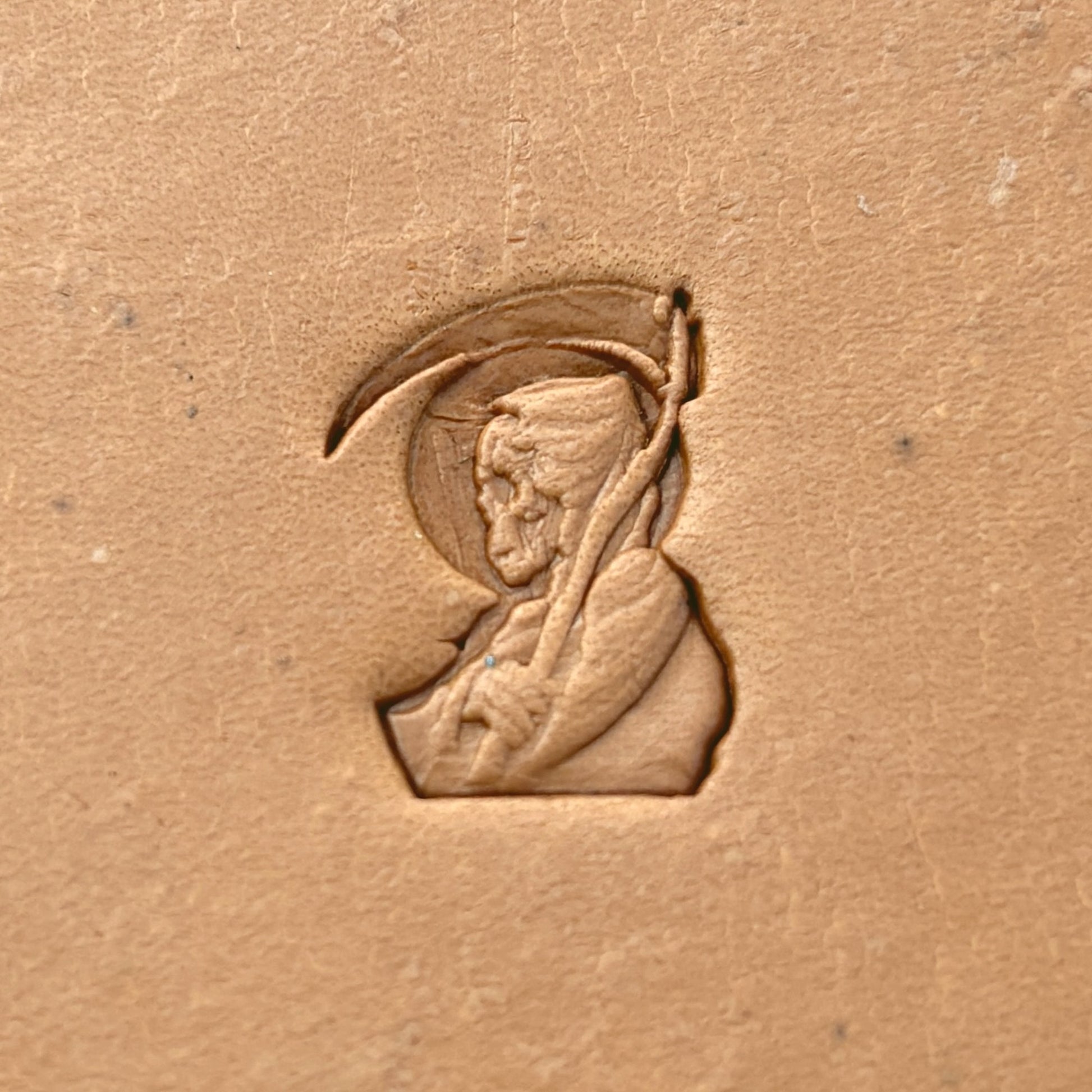 Grim Reaper Skull leather stamp LT635 — pattern imprint on veg-tan leather