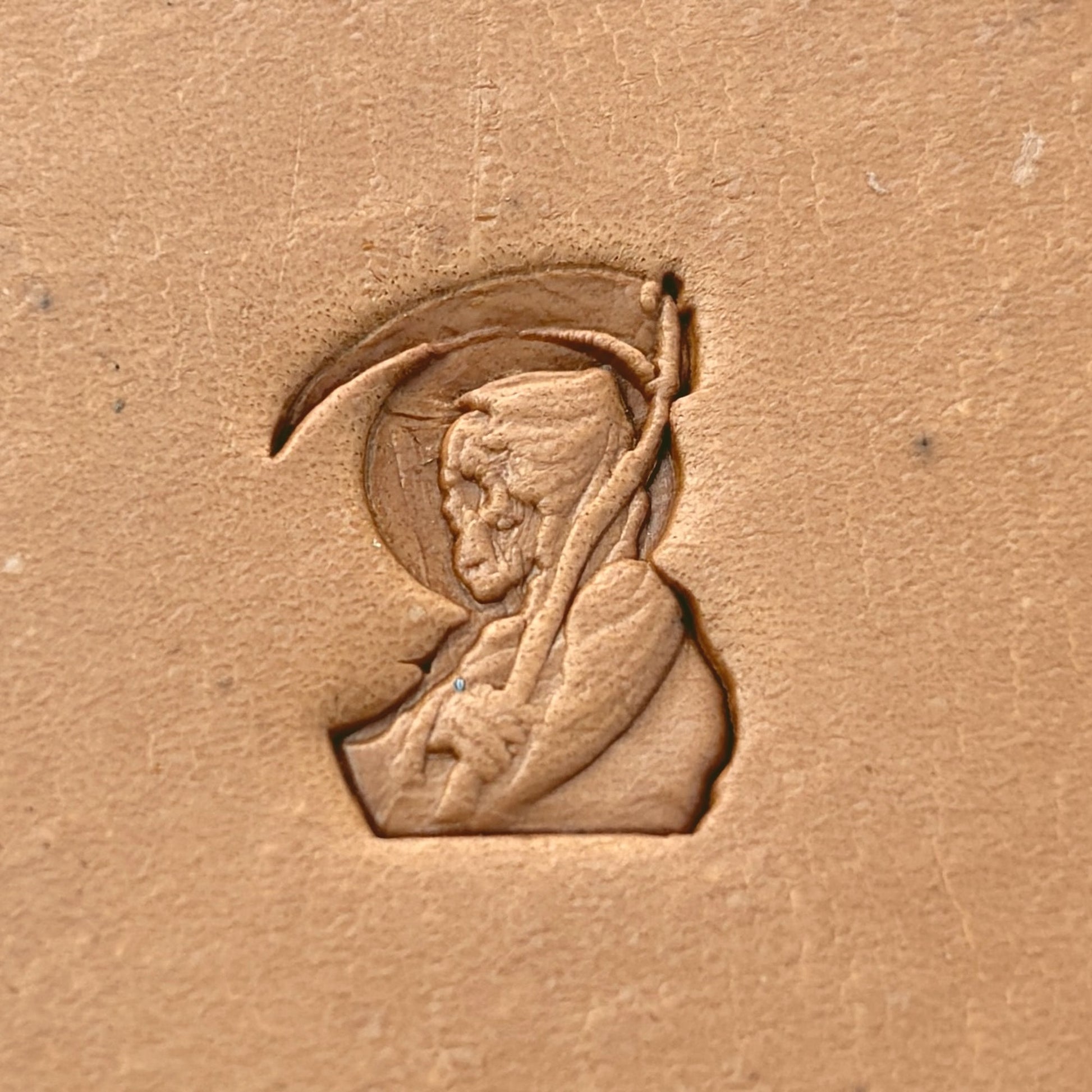 Grim Reaper Skull leather stamp LT635 — pattern imprint on veg-tan leather