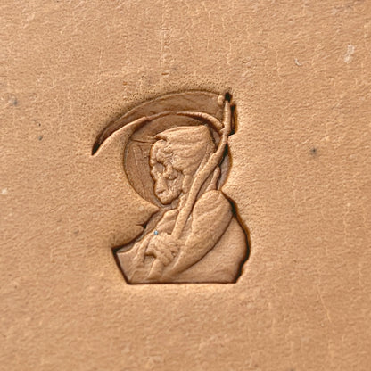 Grim Reaper Skull leather stamp LT635 — pattern imprint on veg-tan leather