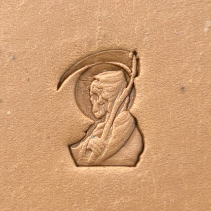 Grim Reaper Skull leather stamp LT635 — single impression on veg-tan leather