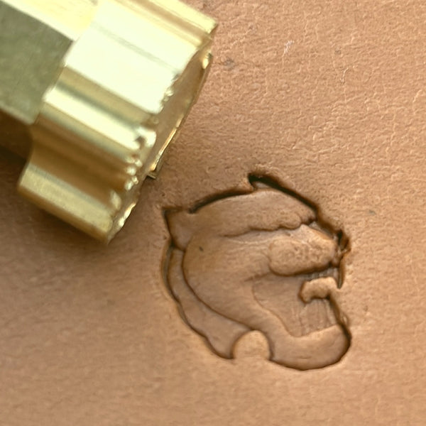 Roaring Head Lion leather stamp LT636 — brass stamping tool with imprint on natural veg-tan leather