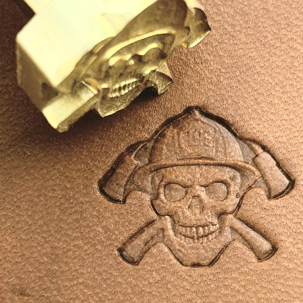 Firefighter Skull leather stamp LT638 — brass stamping tool with imprint on natural veg-tan leather