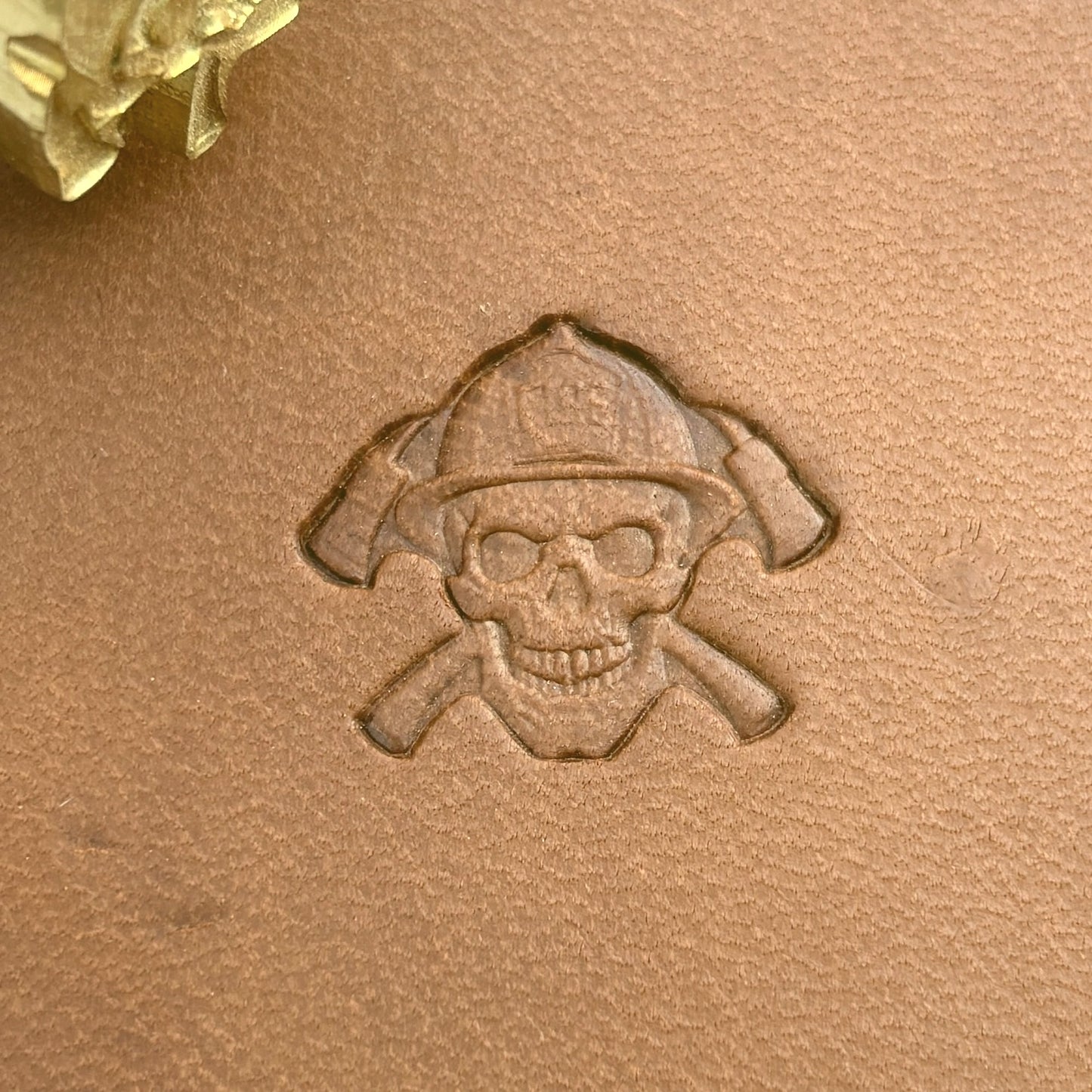 Firefighter Skull leather stamp LT638 — pattern imprint on veg-tan leather