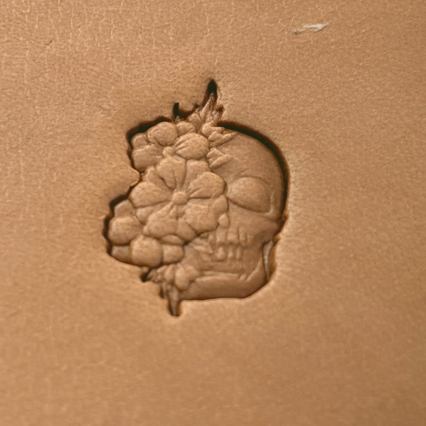 Floral Burst Skull leather stamp LT640 — pattern imprint on veg-tan leather