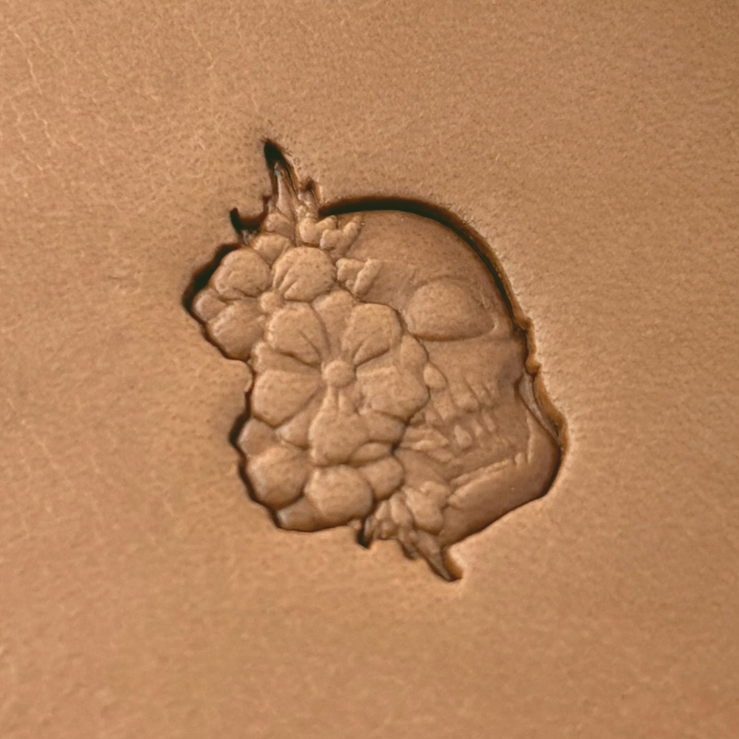 Floral Burst Skull leather stamp LT640 — single impression on veg-tan leather