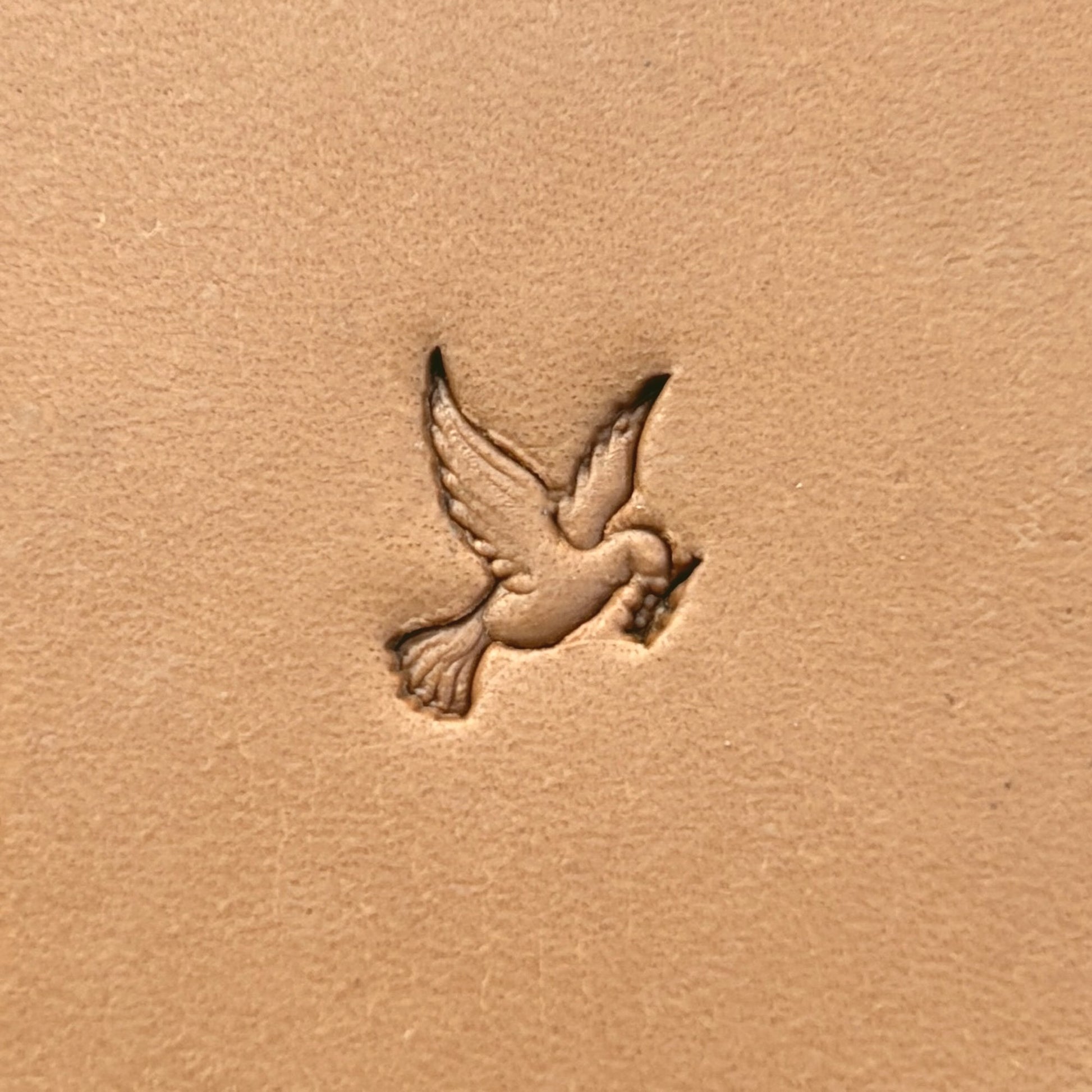 Flying Dove leather stamp LT643 — single impression on veg-tan leather