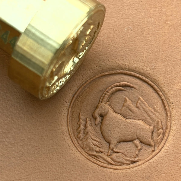 Mountain Scene Goat leather stamp LT644 — brass stamping tool with imprint on natural veg-tan leather
