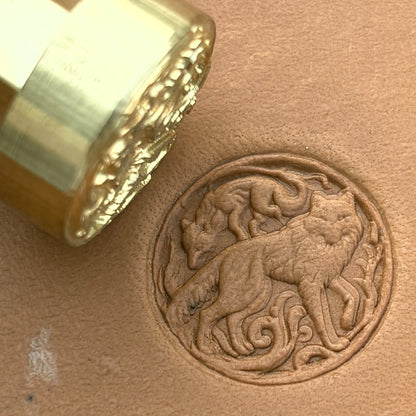 Twin Wolves Circle leather stamp LT645 — brass stamping tool with imprint on natural veg-tan leather
