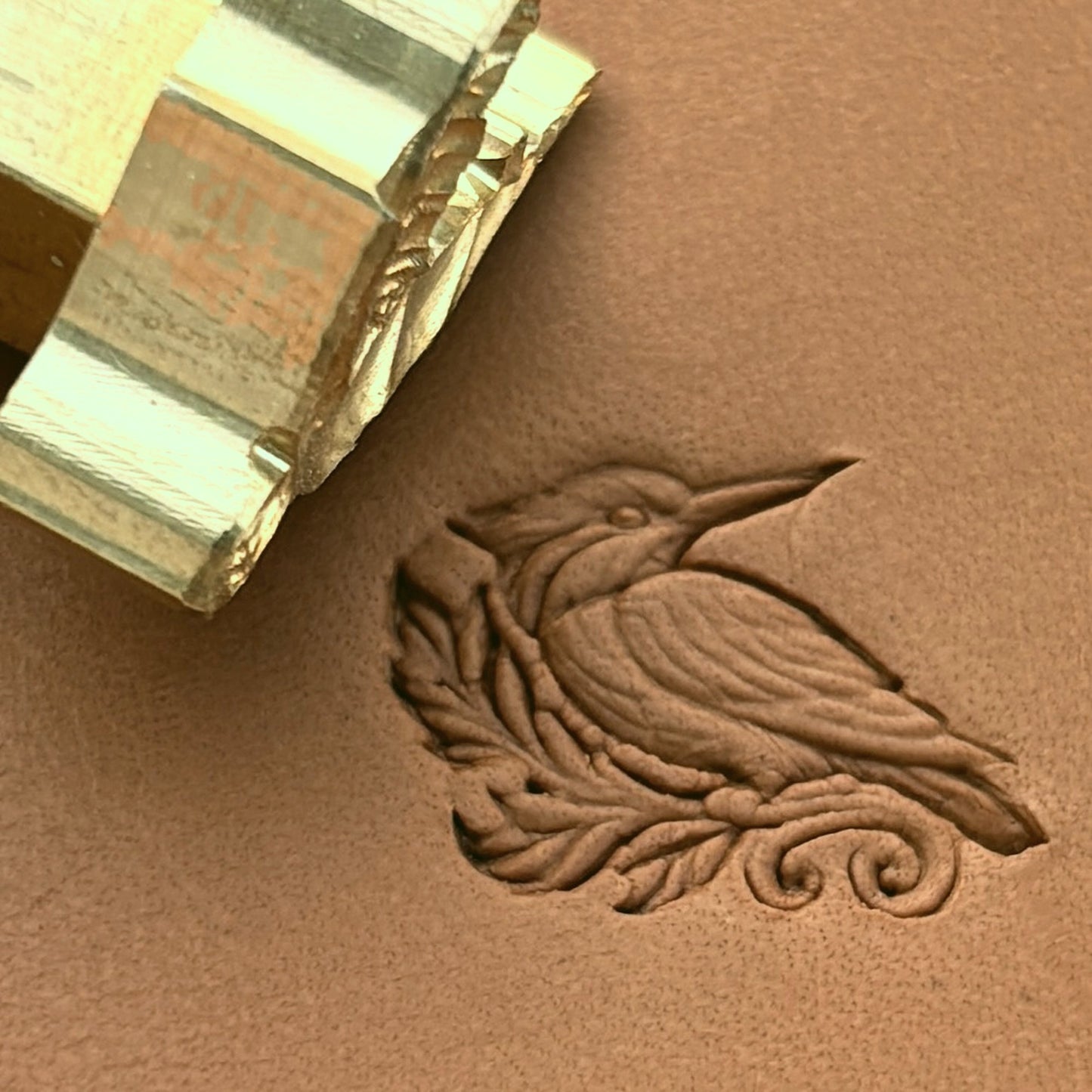 Kingfisher Bird leather stamp LT646 — brass stamping tool with imprint on natural veg-tan leather