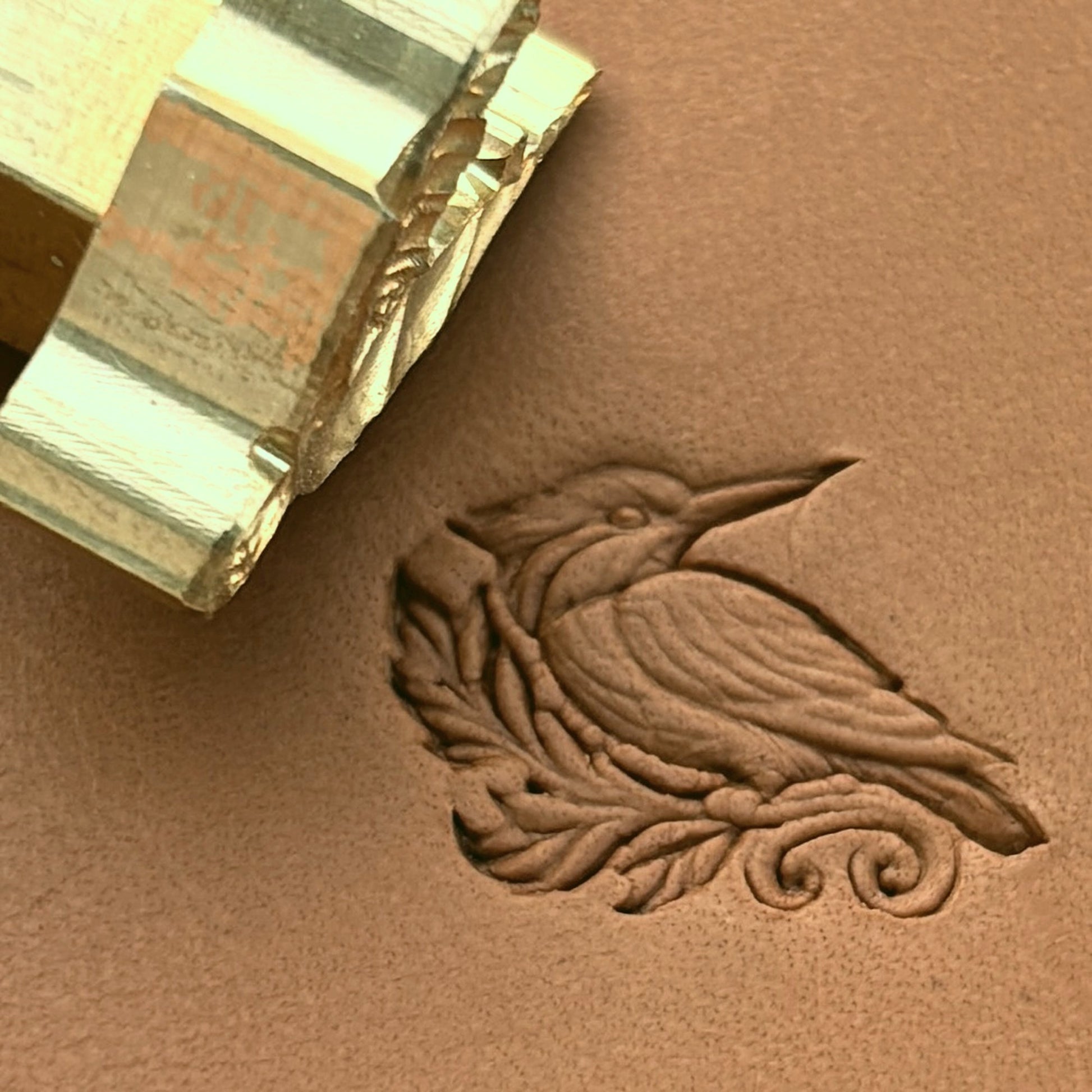 Kingfisher Bird leather stamp LT646 — brass stamping tool with imprint on natural veg-tan leather