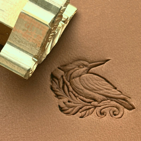 Kingfisher Bird leather stamp LT646 — brass stamping tool with imprint on natural veg-tan leather