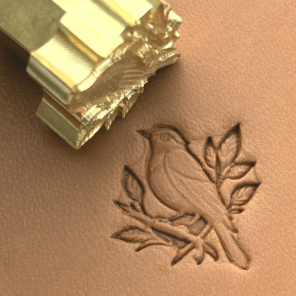 Songbird on Branch leather stamp LT647 — brass stamping tool with imprint on natural veg-tan leather