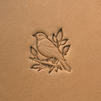 Songbird on Branch leather stamp LT647 — single impression on veg-tan leather