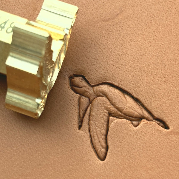 Swimming Sea Turtle leather stamp LT648 — brass stamping tool with imprint on natural veg-tan leather