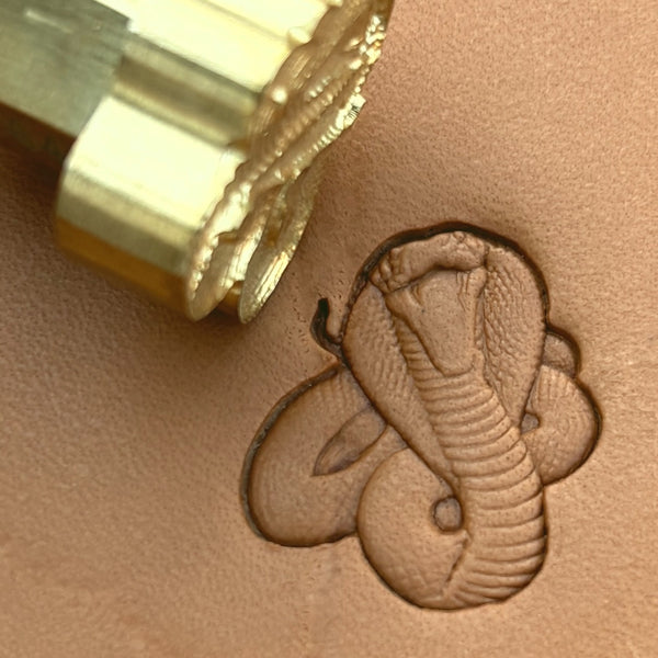 Cobra Snake leather stamp LT649 — brass stamping tool with imprint on natural veg-tan leather