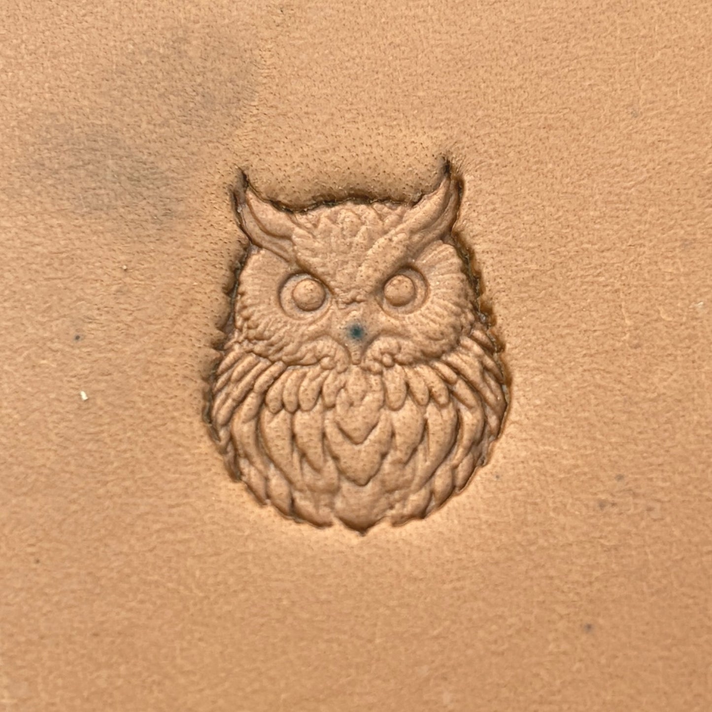 Owl leather stamp LT650 — pattern imprint on veg-tan leather