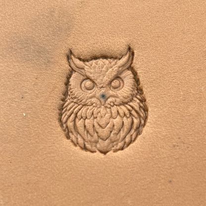 Owl leather stamp LT650 — pattern imprint on veg-tan leather