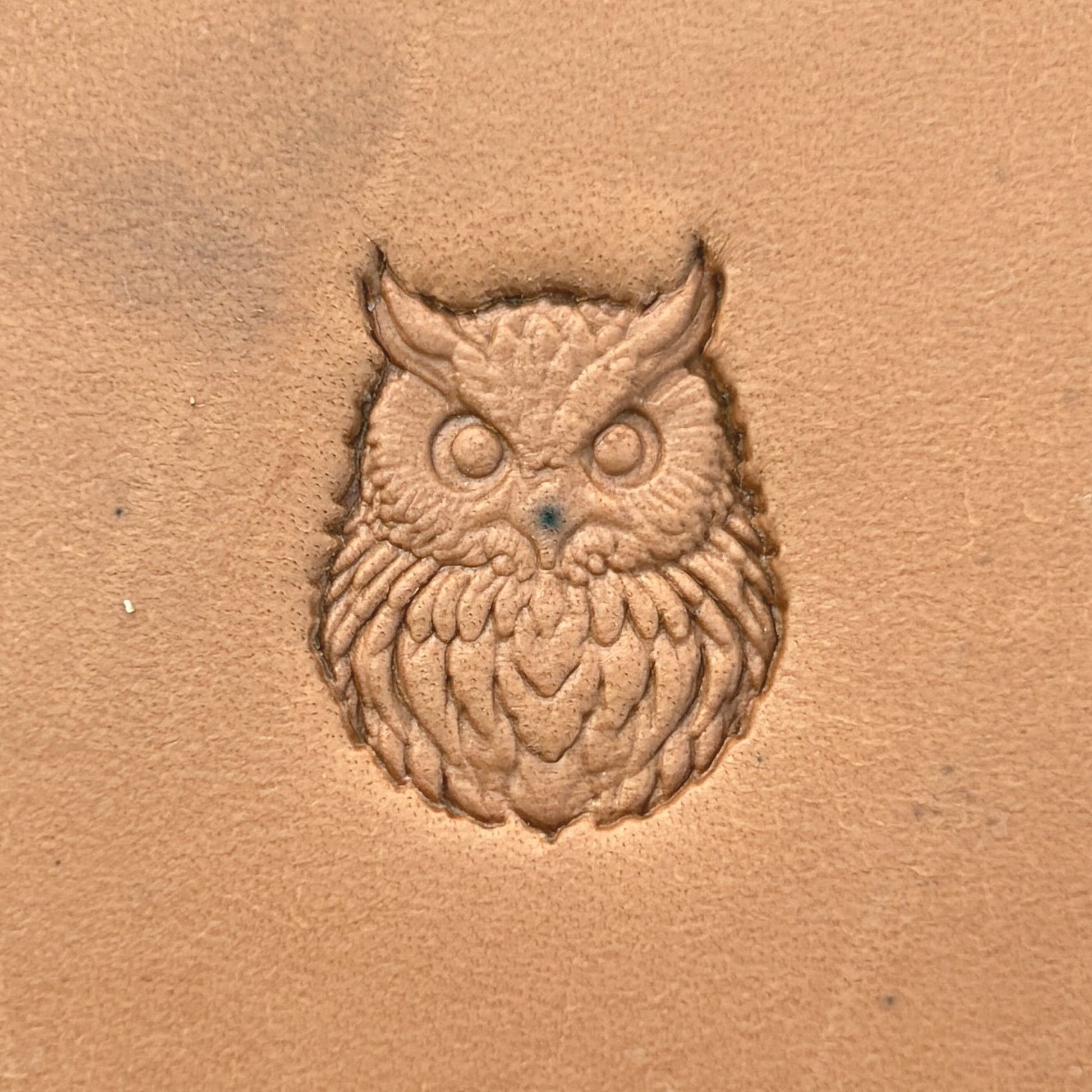 Owl leather stamp LT650 — pattern imprint on veg-tan leather
