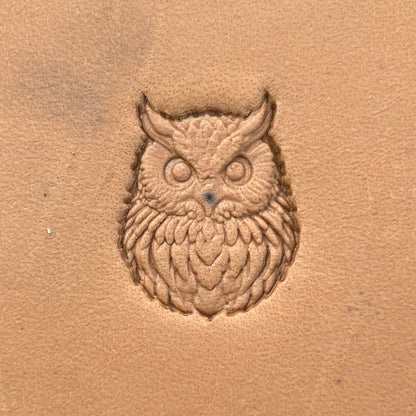 Owl leather stamp LT650 — pattern imprint on veg-tan leather