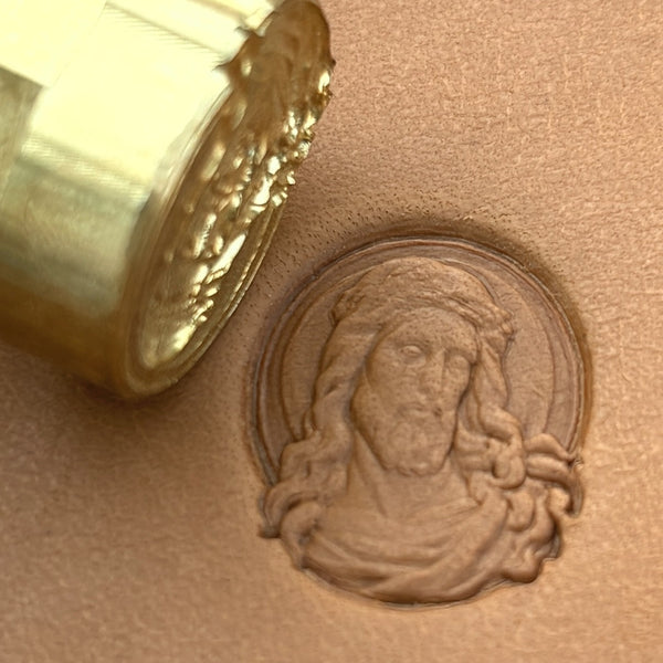 Sacred Portrait leather stamp LT651 — brass stamping tool with imprint on natural veg-tan leather