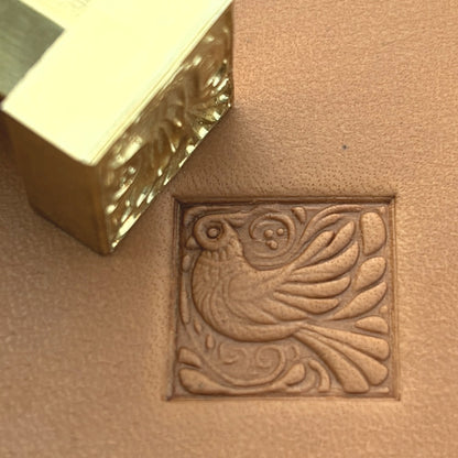 Whimsical Bird leather stamp LT652 — brass stamping tool with imprint on natural veg-tan leather