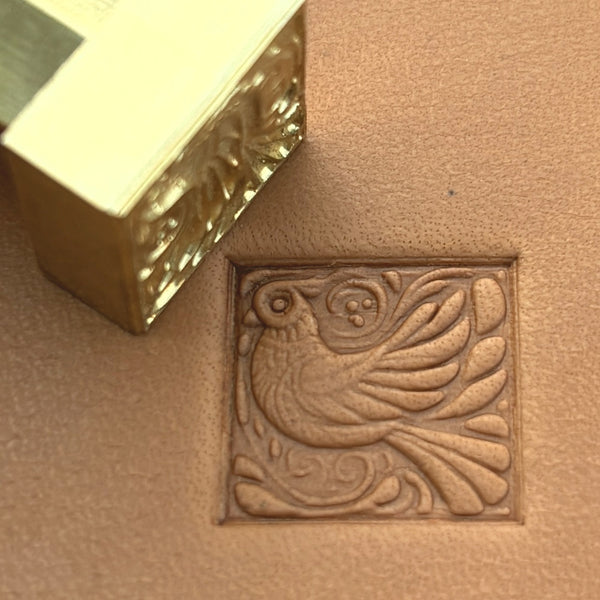 Whimsical Bird leather stamp LT652 — brass stamping tool with imprint on natural veg-tan leather