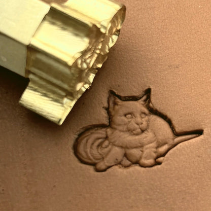 Cat leather stamp LT654 — brass stamping tool with imprint on natural veg-tan leather