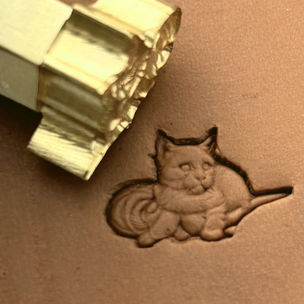 Cat leather stamp LT654 — brass stamping tool with imprint on natural veg-tan leather