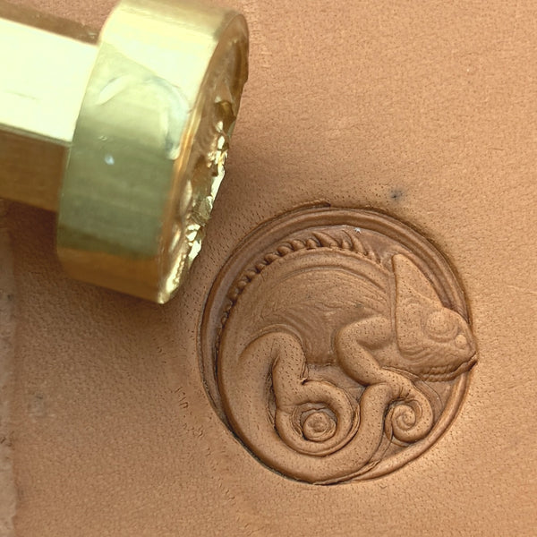 Chameleon leather stamp LT655 — brass stamping tool with imprint on natural veg-tan leather