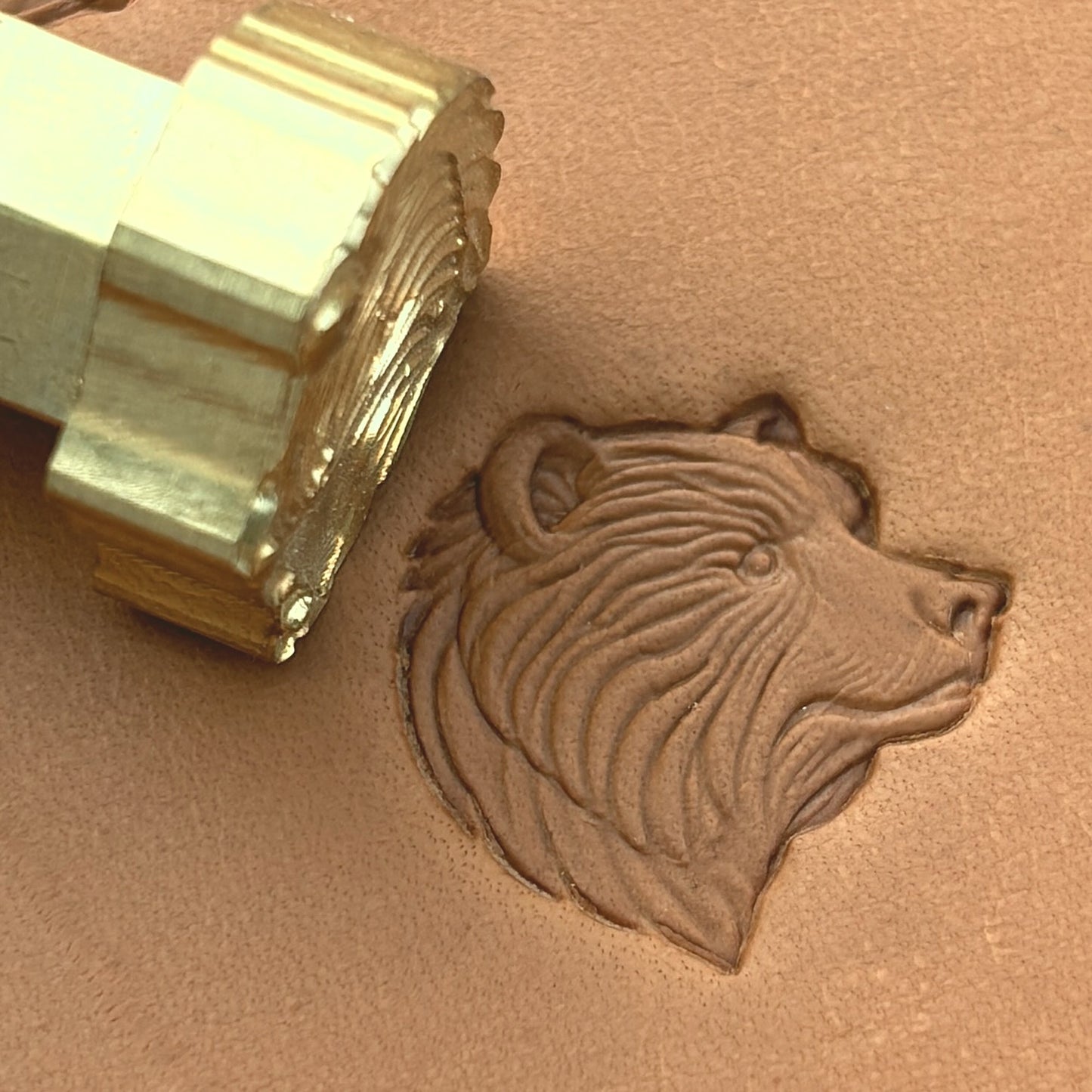 Head Bear leather stamp LT657 — brass stamping tool with imprint on natural veg-tan leather