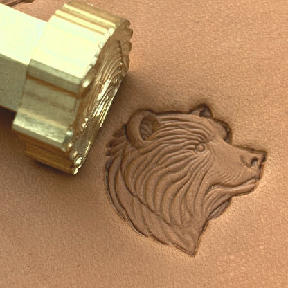 Head Bear leather stamp LT657 — brass stamping tool with imprint on natural veg-tan leather