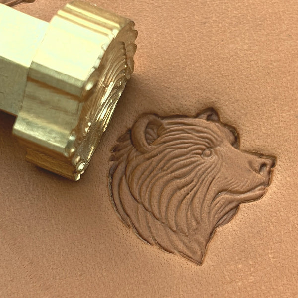 Head Bear leather stamp LT657 — brass stamping tool with imprint on natural veg-tan leather