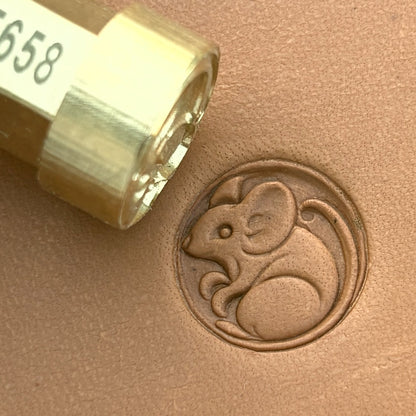 Mouse in Circle leather stamp LT658 — brass stamping tool with imprint on natural veg-tan leather