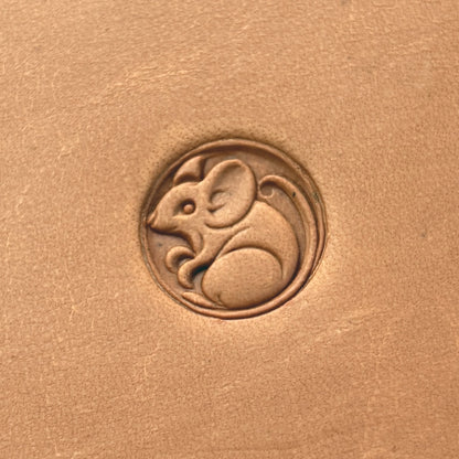 Mouse in Circle leather stamp LT658 — single impression on veg-tan leather