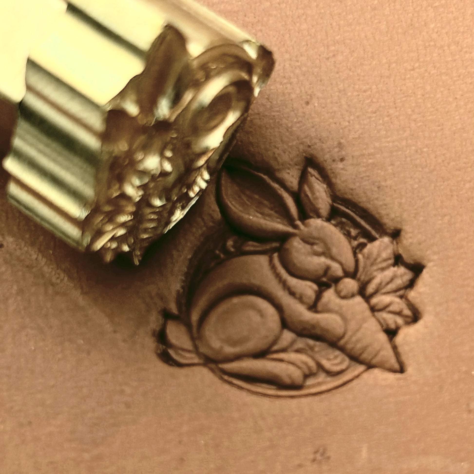 Eating Carrot Rabbit leather stamp LT660 — brass stamping tool with imprint on natural veg-tan leather