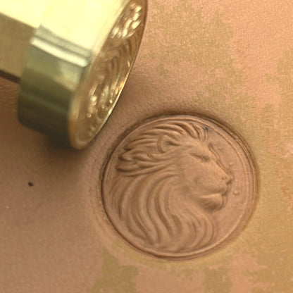 Regal Mane Lion leather stamp LT661 — brass stamping tool with imprint on natural veg-tan leather