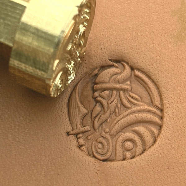 Viking Warrior leather stamp LT662 — brass stamping tool with imprint on natural veg-tan leather