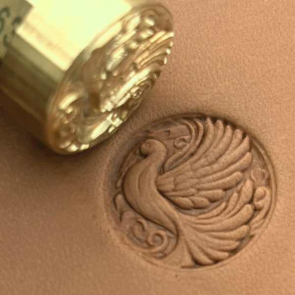 Elegant Bird Peacock leather stamp LT663 — brass stamping tool with imprint on natural veg-tan leather