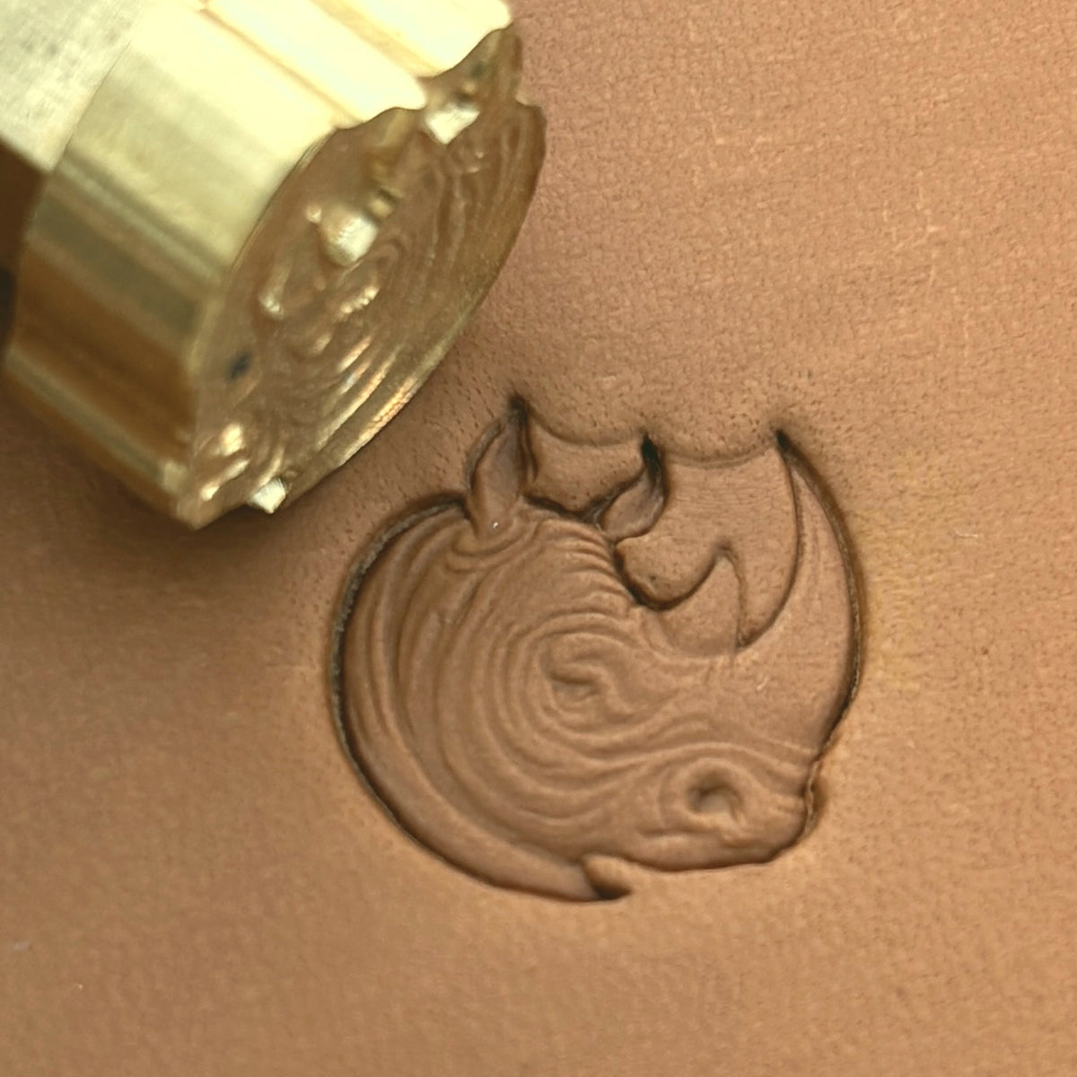 Rhino Head Animal leather stamp LT665 — brass stamping tool with imprint on natural veg-tan leather