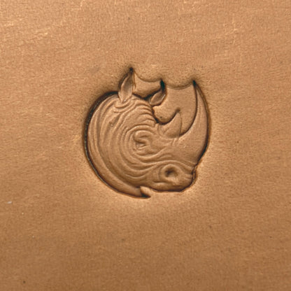Rhino Head Animal leather stamp LT665 — single impression on veg-tan leather