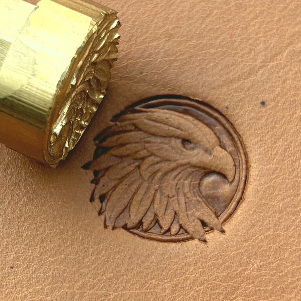 Feathery Crest Eagle leather stamp LT670 — brass stamping tool with imprint on natural veg-tan leather