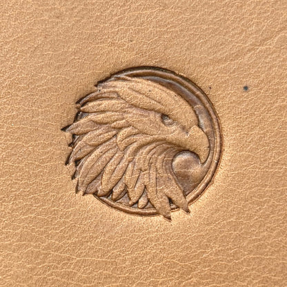 Feathery Crest Eagle leather stamp LT670 — single impression on veg-tan leather