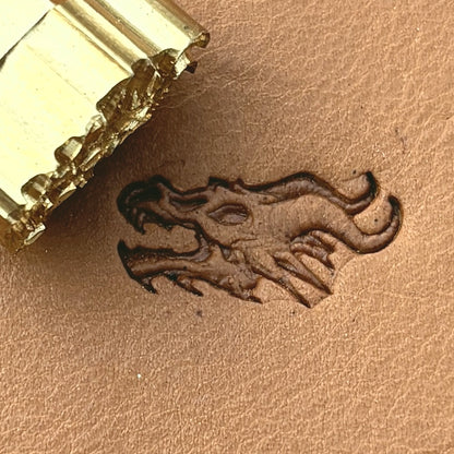 Skull Dragon leather stamp LT671 — brass stamping tool with imprint on natural veg-tan leather