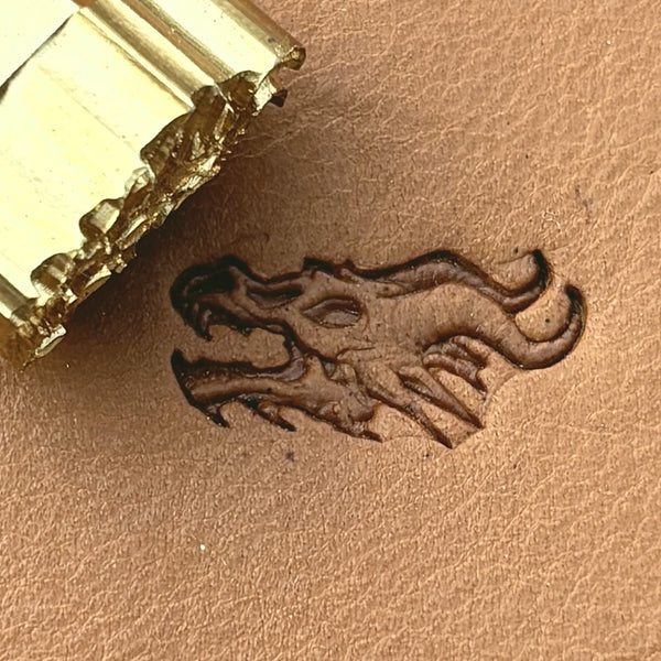 Skull Dragon leather stamp LT671 — brass stamping tool with imprint on natural veg-tan leather