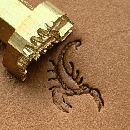 Scorpion leather stamp LT672 — brass stamping tool with imprint on natural veg-tan leather