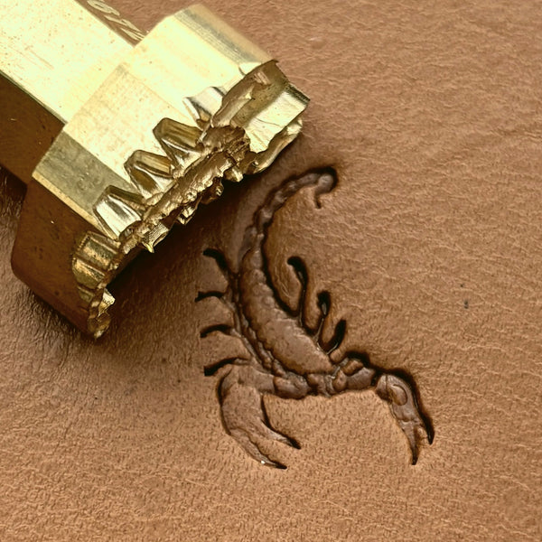 Scorpion leather stamp LT672 — brass stamping tool with imprint on natural veg-tan leather