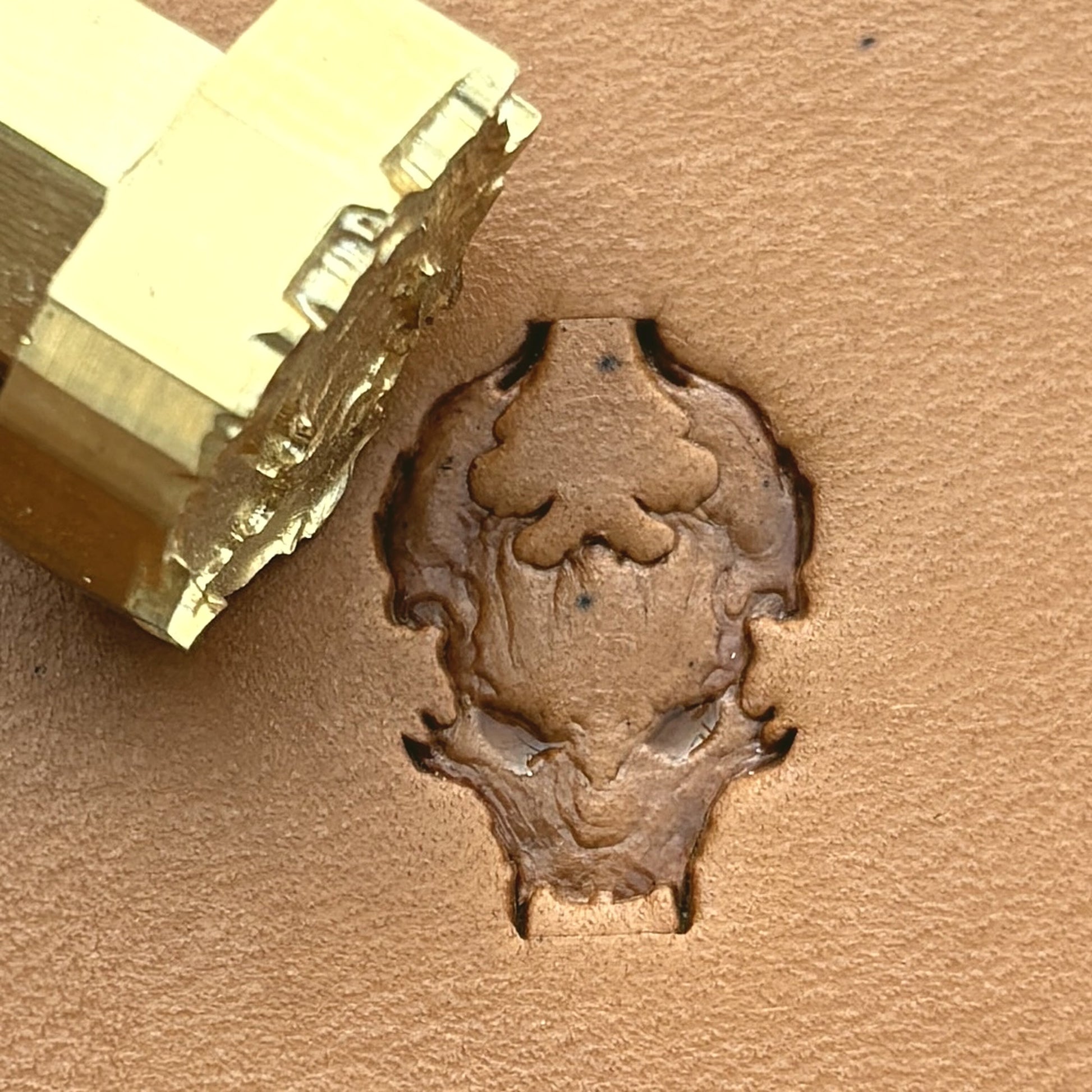 Skull Outline Dragon leather stamp LT674 — brass stamping tool with imprint on natural veg-tan leather