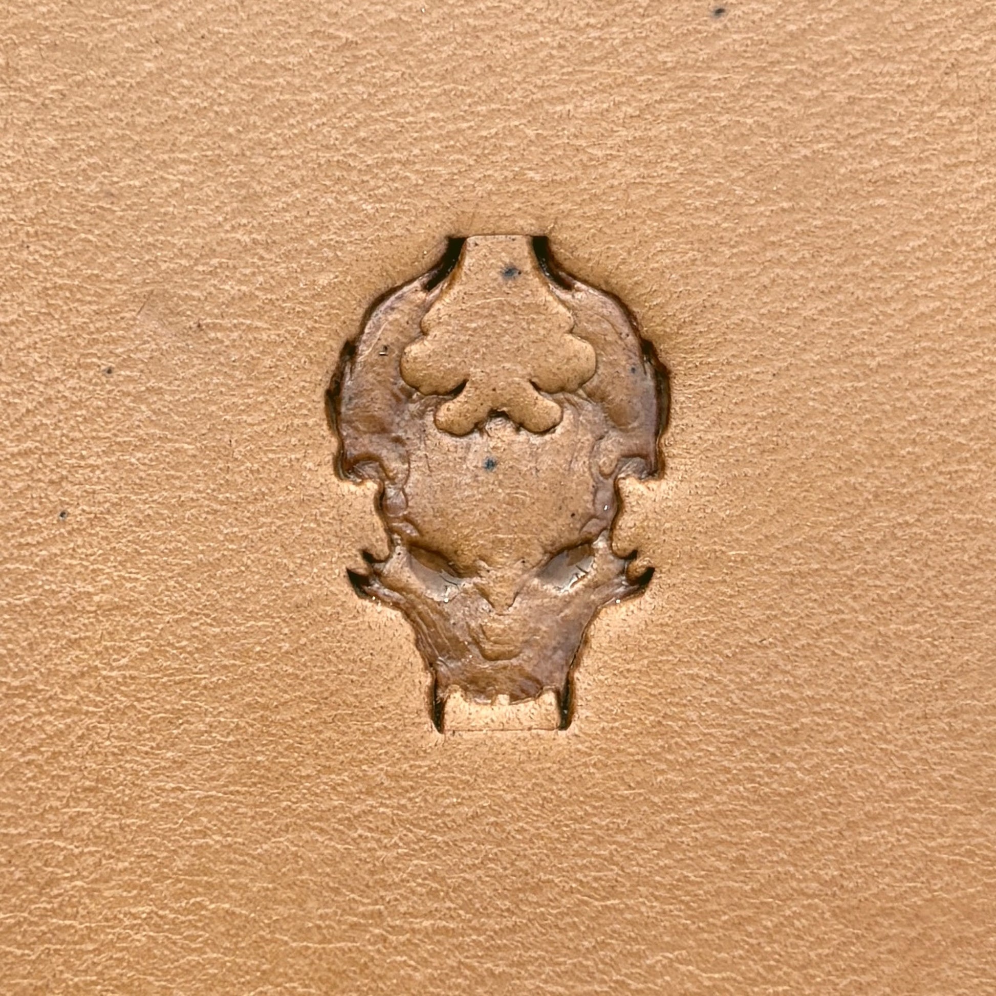 Skull Outline Dragon leather stamp LT674 — single impression on veg-tan leather