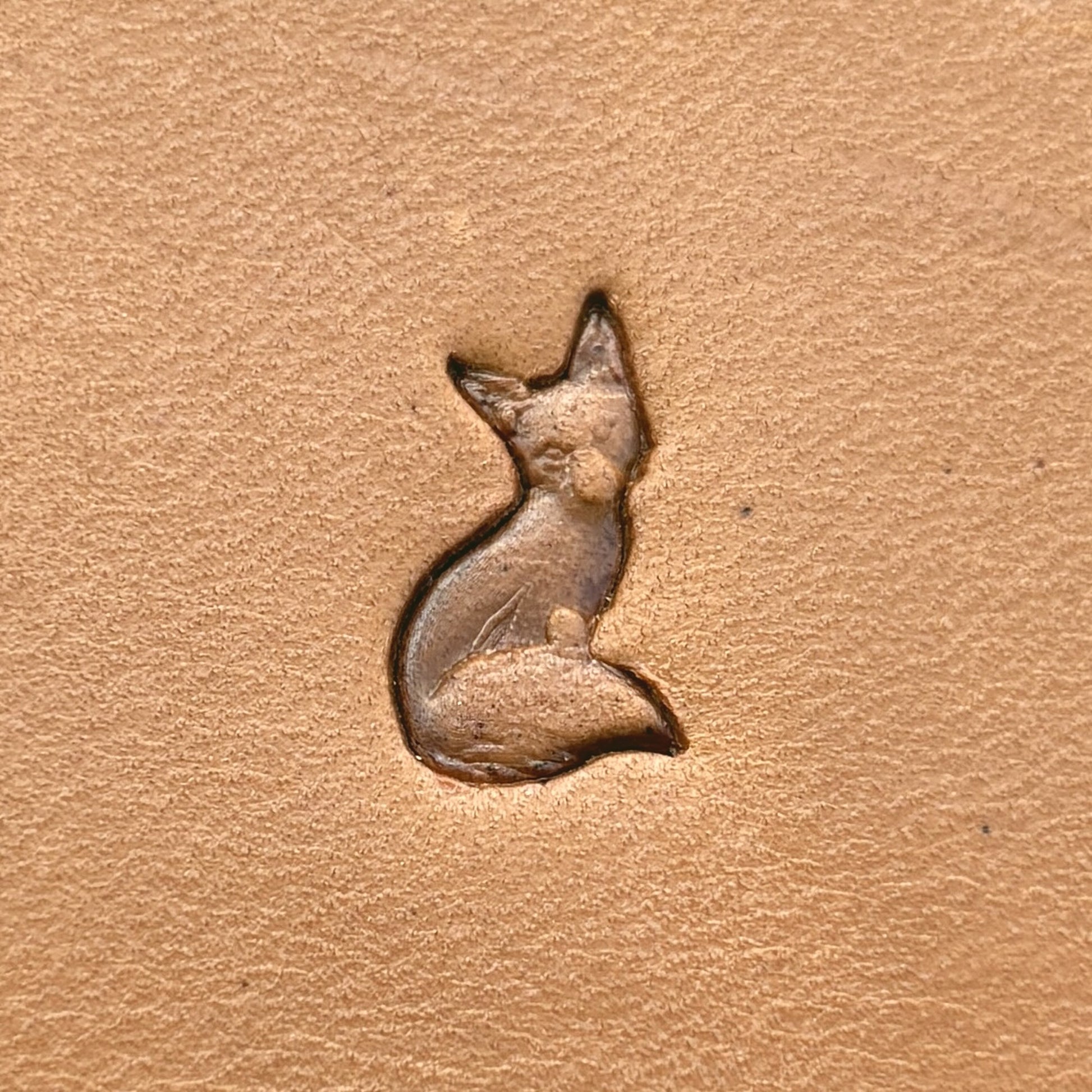 Sitting Fox leather stamp LT675 — single impression on veg-tan leather