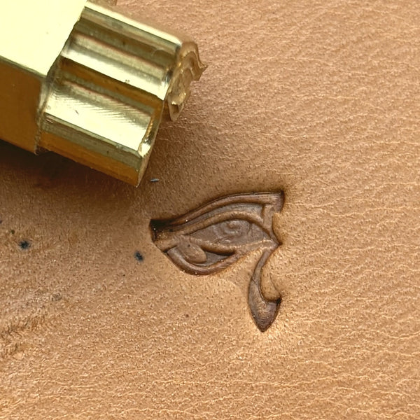 Horus Eye leather stamp LT678 — brass stamping tool with imprint on natural veg-tan leather